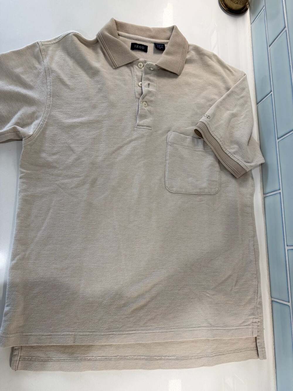 IZOD Men's Size M Beige Waffle Knit Short Sleeve Polo Shirt with Pocket